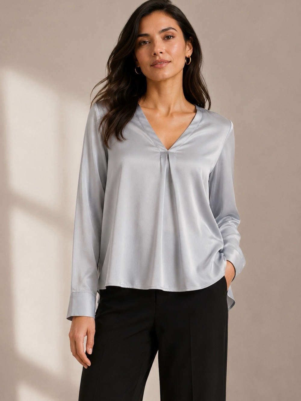 Ann Taylor - Silver V-Neck Satin Blouse - Women's Top - Size LP